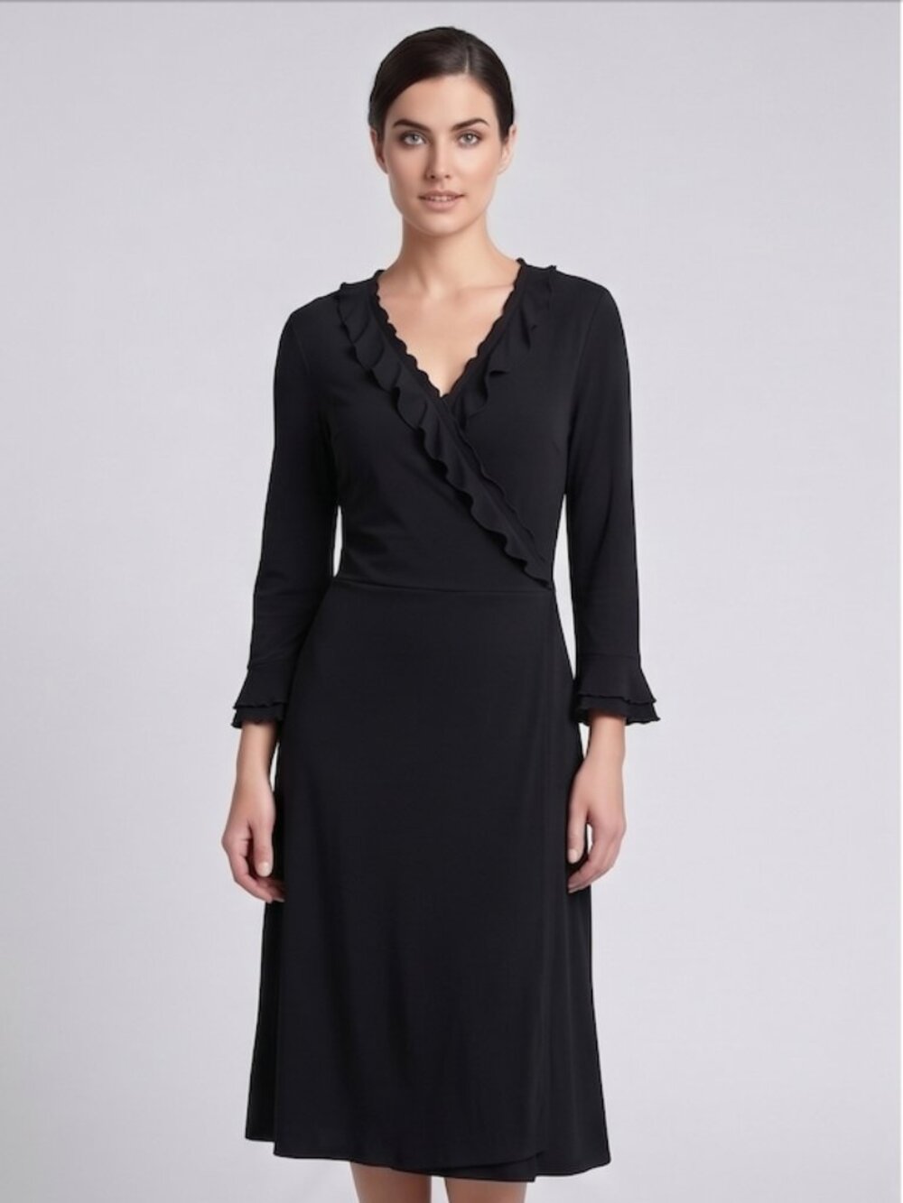 Laundry by Shelli Segal Black Ruffle V-Neck Faux Wrap Midi Dress - Size 12
